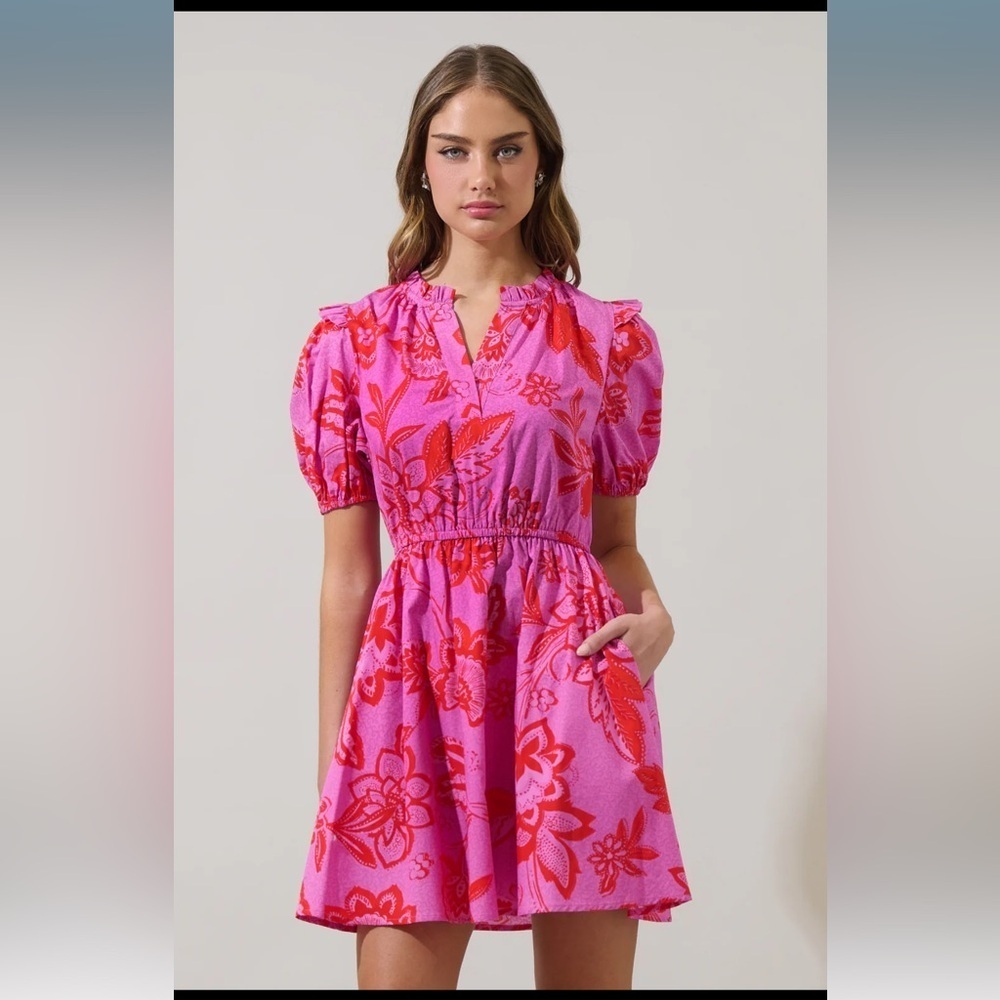 SugarLips Weirly Floral Poplin Mini Dress Red Pink Multi